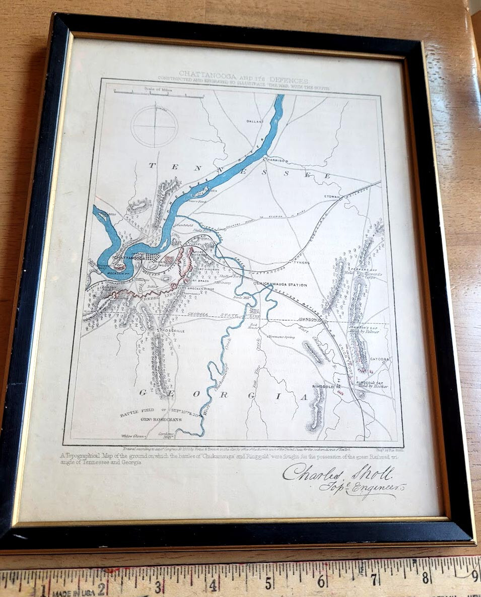 Civil War Framed Hand Colored 1865 Map Of Chattanooga & Defenses Charles Sholl