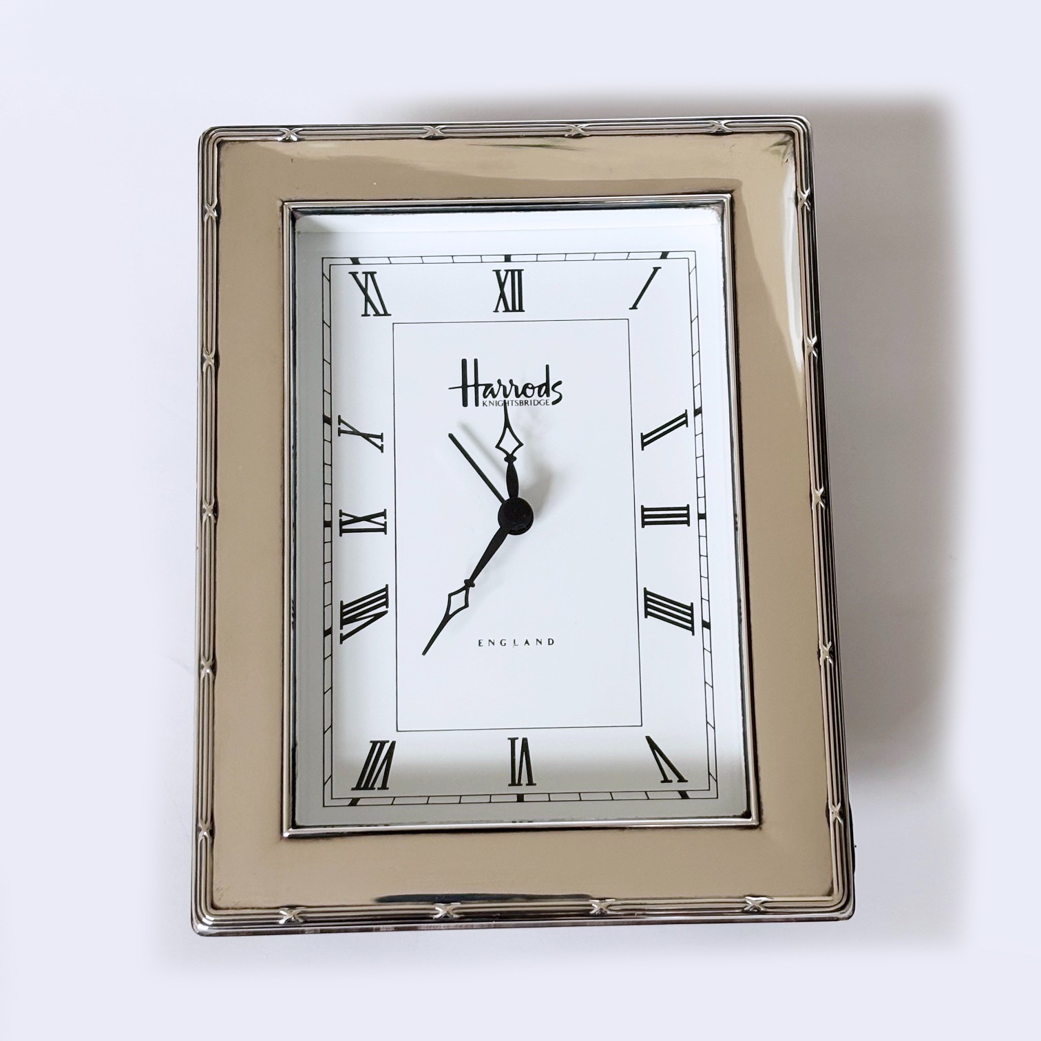 Vintage Harrods Hallmarked Sterling Silver Front Desk Alarm Clock Working 5×6.5