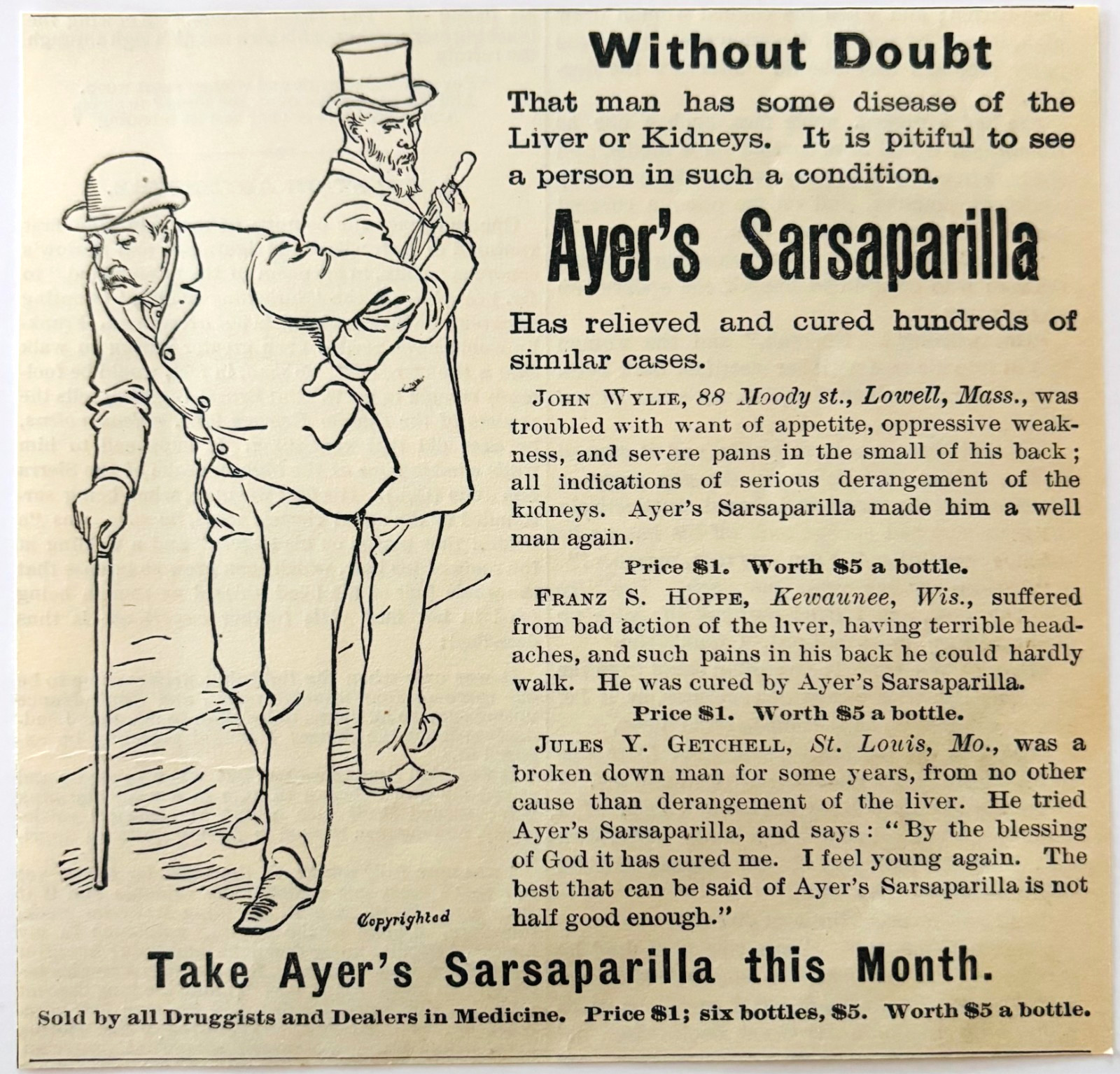 1886 Ayers Sarsaparilla Advertisement Victorian Quack Medicine DWKK27F