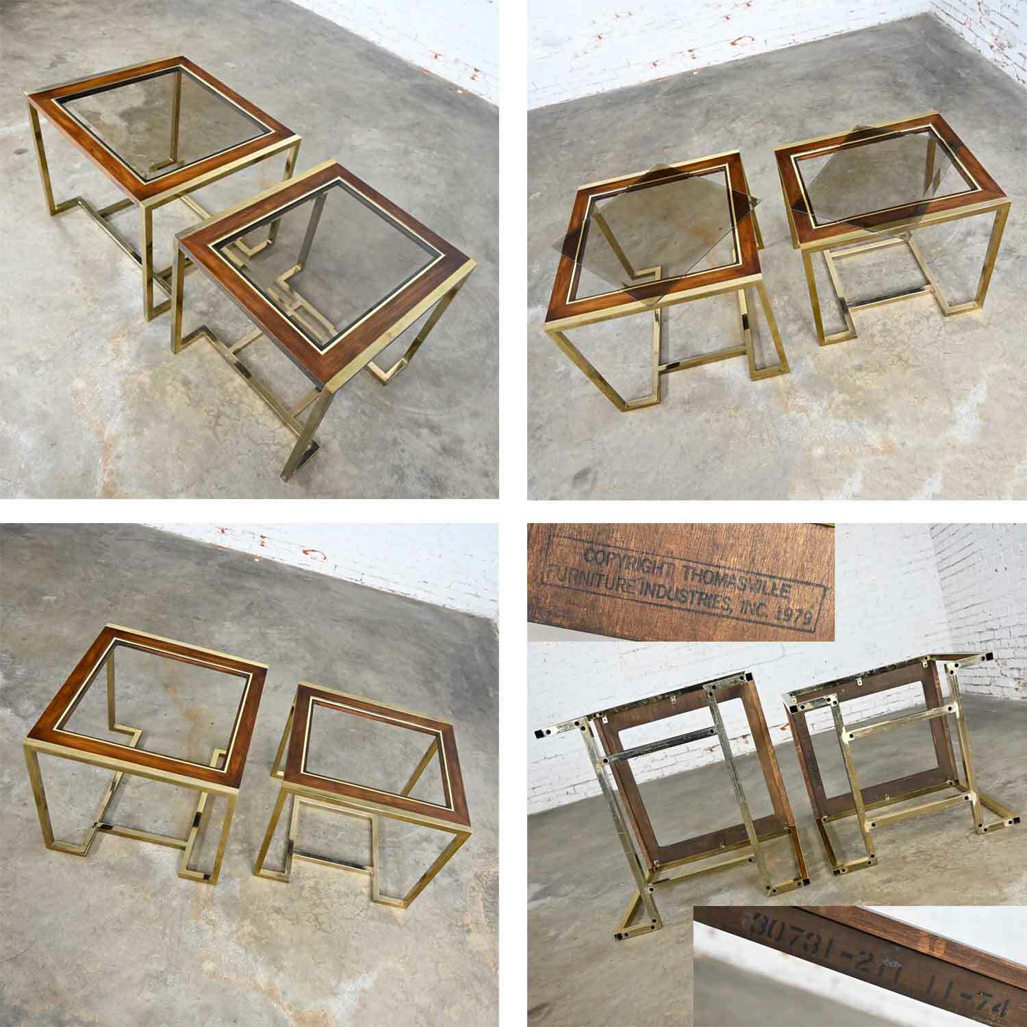 2 Brass Plated Wood & Glass End Tables by Thomasville Furn Style Milo Baughman