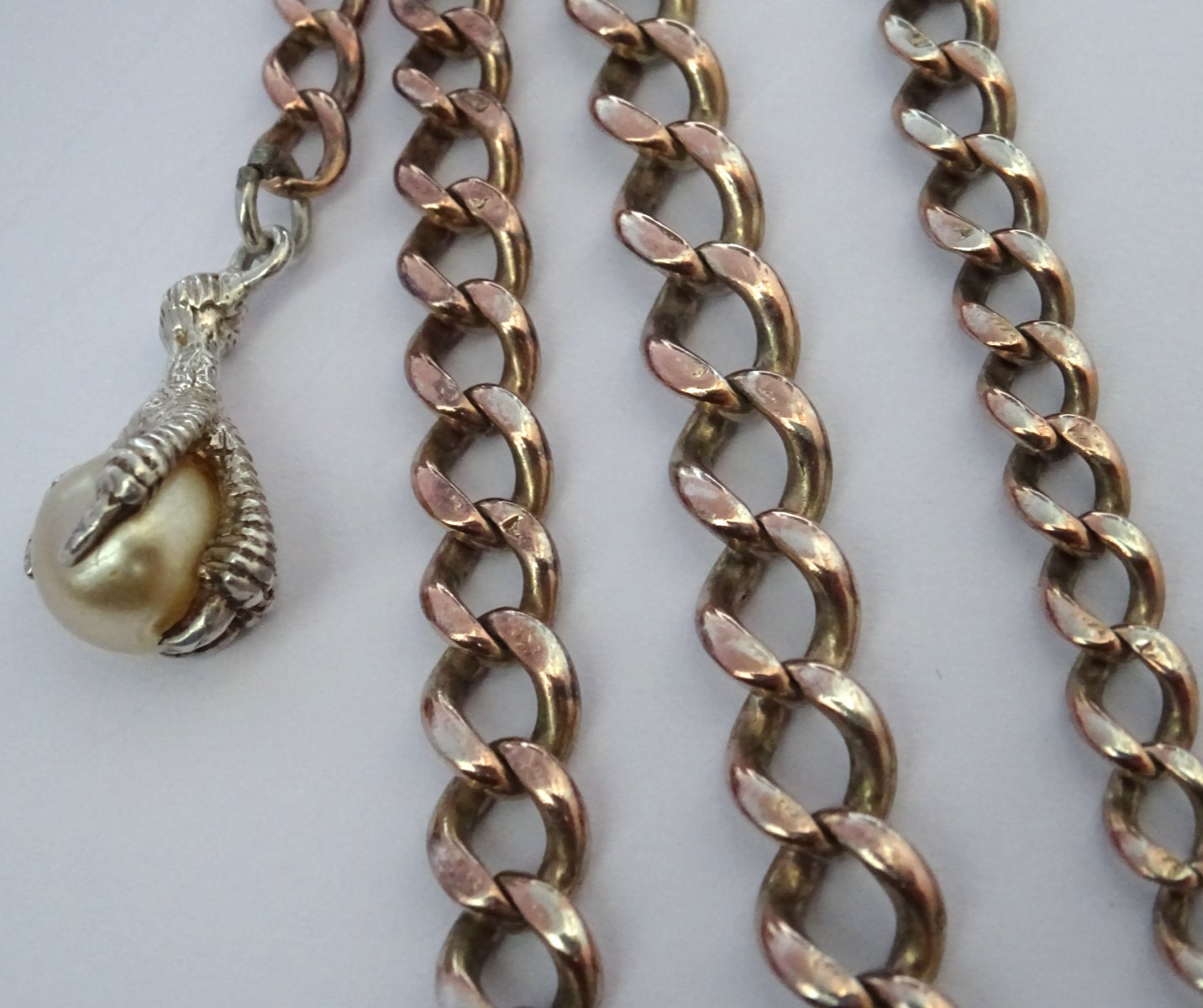 Antique gold on solid silver pocket watch albert chain w ‘pearl’ claw & ball fob