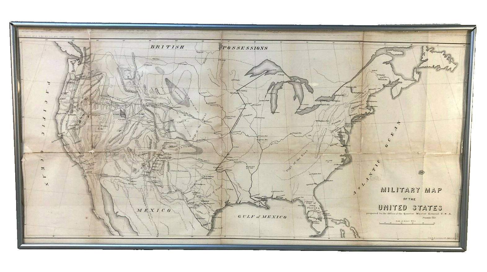 Antique 1857 Military Map of the United States H Lawrence Framed