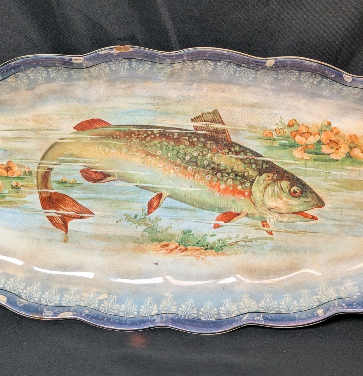 Large Antique LIMOGES Trout Fish Water Lily Lotus Flower Platter 21″