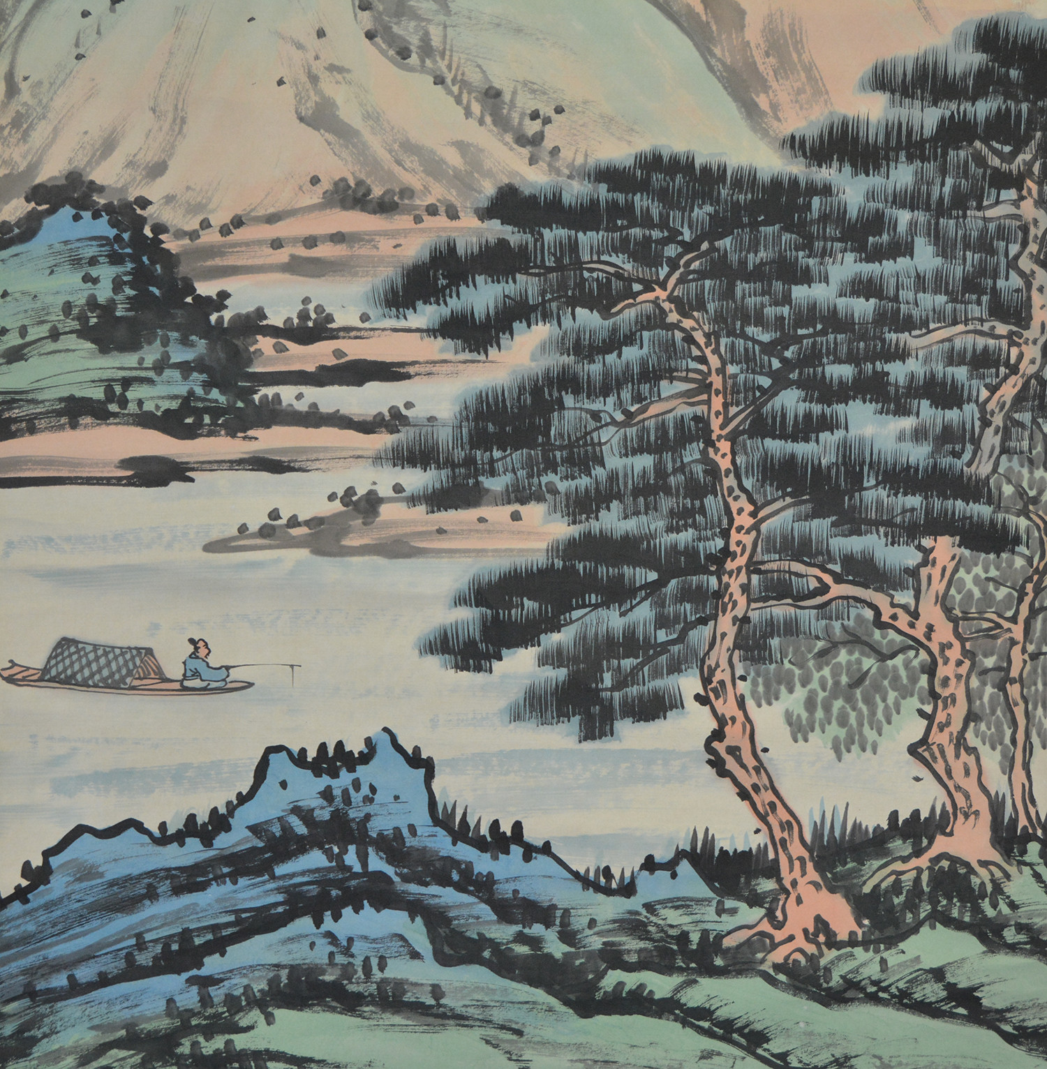 Vintage Chinese Watercolor LAKE LANDSCAPE Wall Hanging Scroll Painting