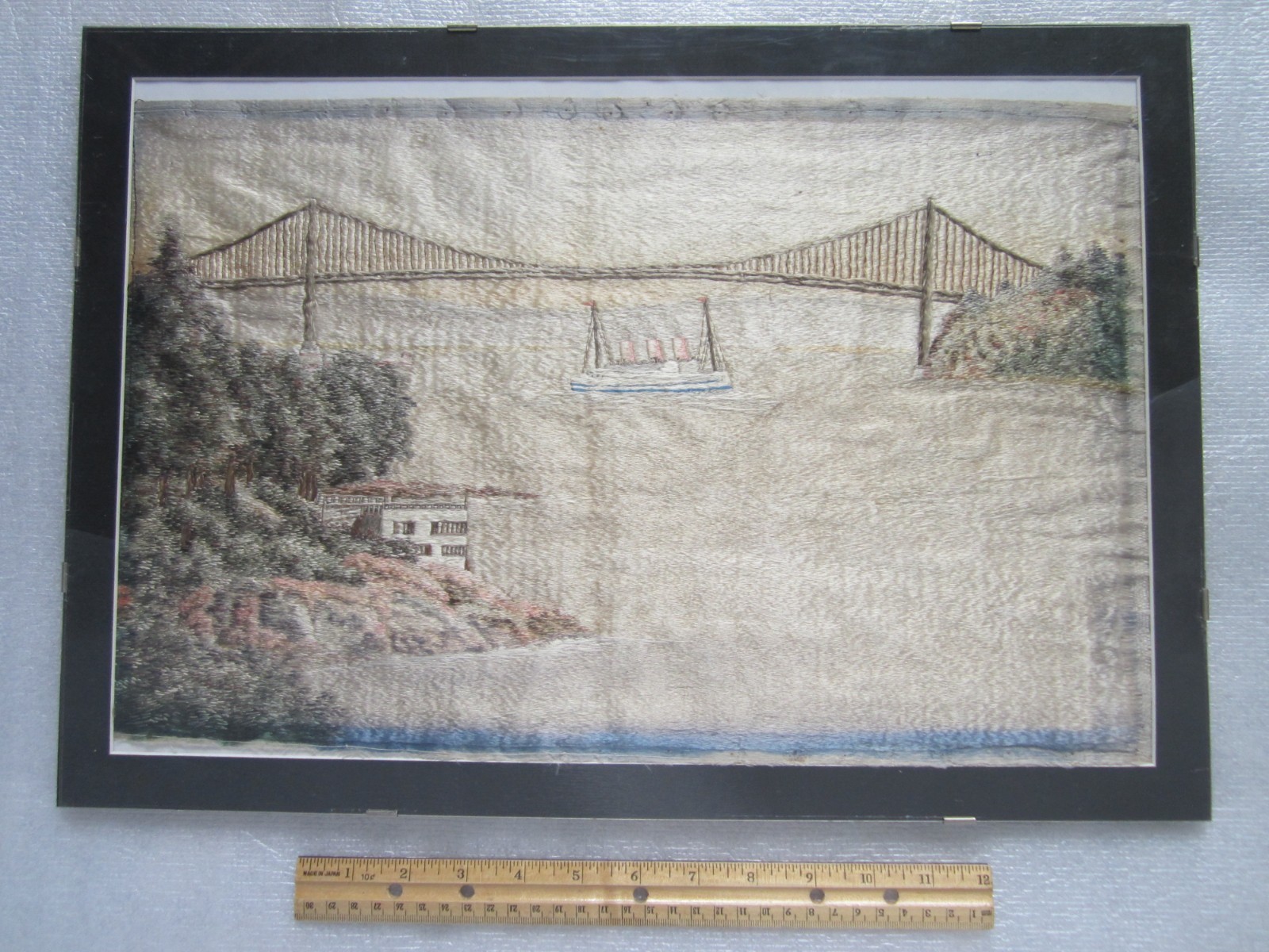 ANTIQUE SAN FRANCISCO GOLDEN GATE BRIDGE HAND EMBROIDERED SILK FRAMED 21″