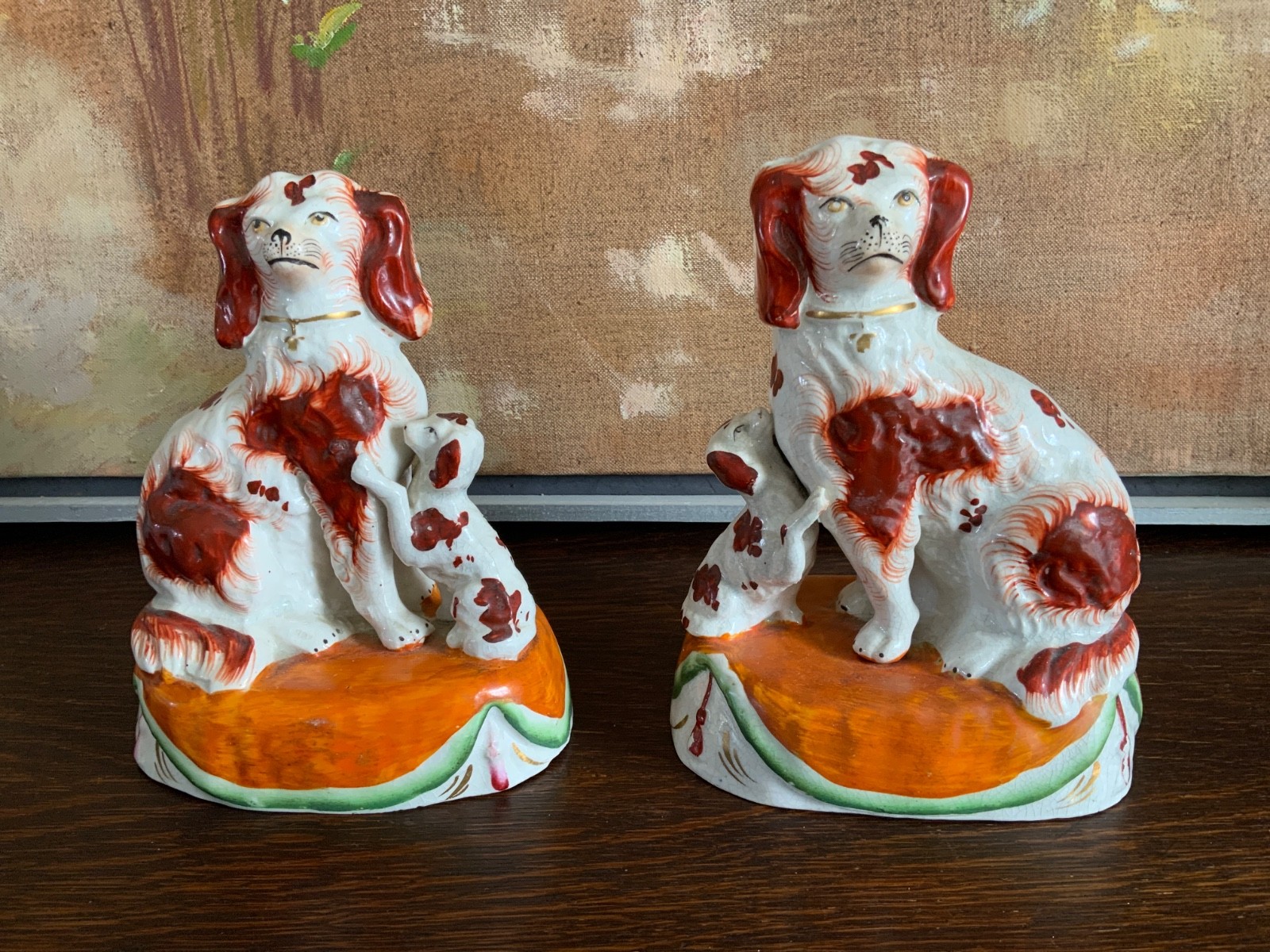 Pair English 19thCentury Staffordshire Pottery Dogs with Pups 5 3/4 in high
