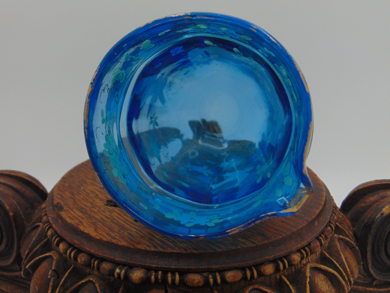 Antique Victorian Blue Topaz Hand Painted Floral Birds Art Glass Creamer Beaker