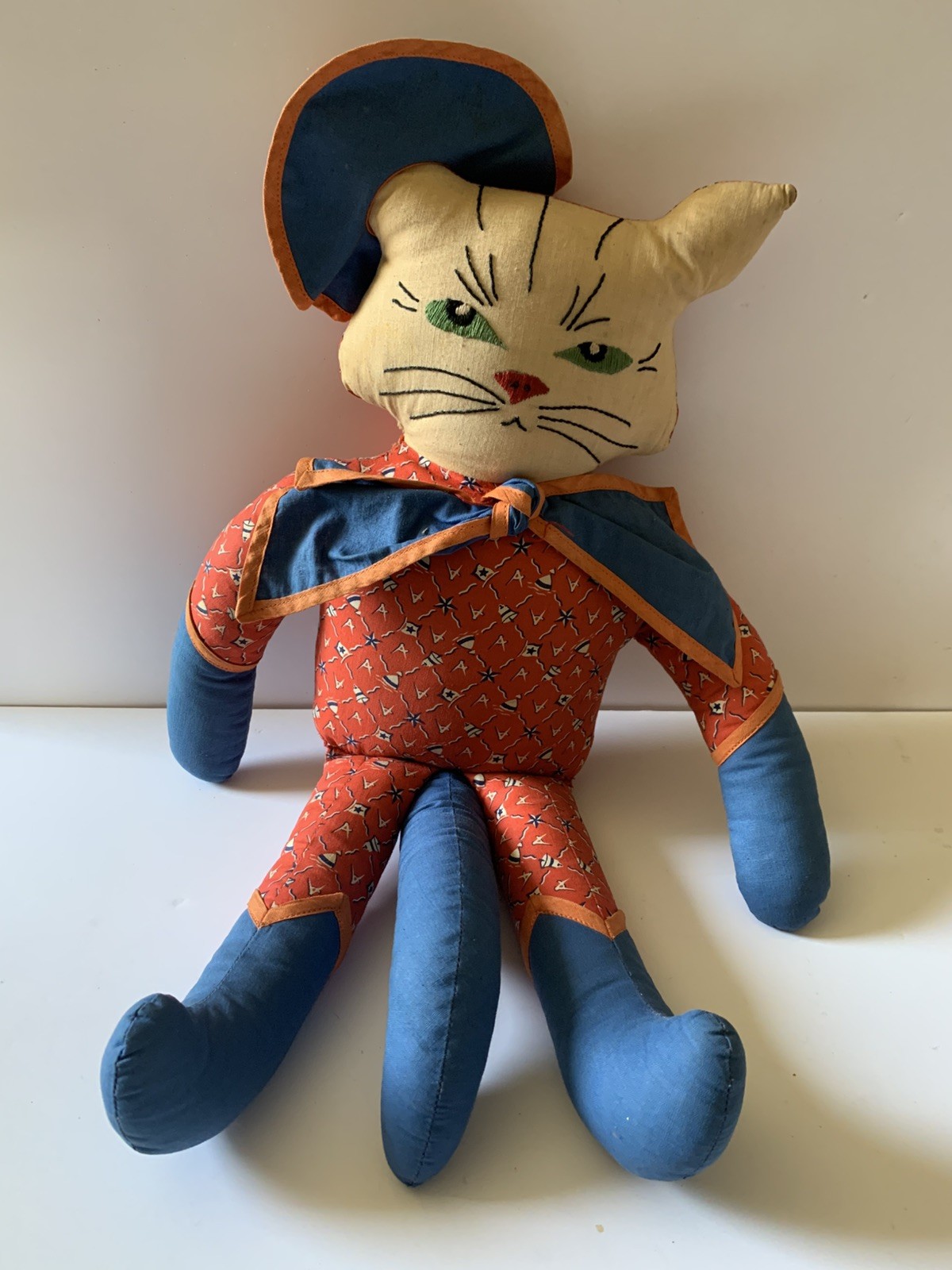 Rare Vintage Handmade Cat Rag Doll, Printed Cotton, Circa 1930-40s Puss In Boots