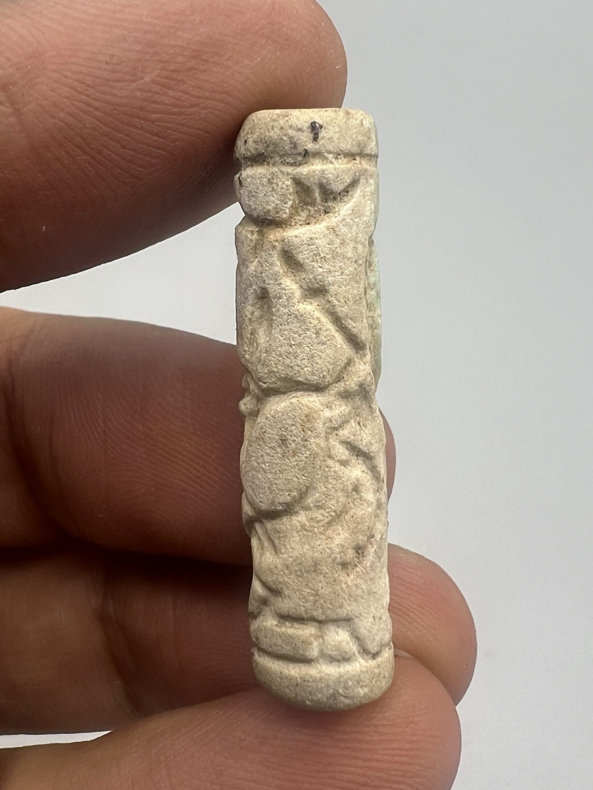 Authentic Eastern Faience Seal Depicting Mythical Winged Lion Attack Rabbit