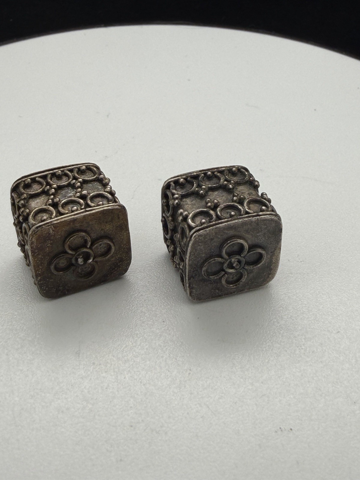 Vintage Bali Design Patterned Sterling Silver Cube Pair