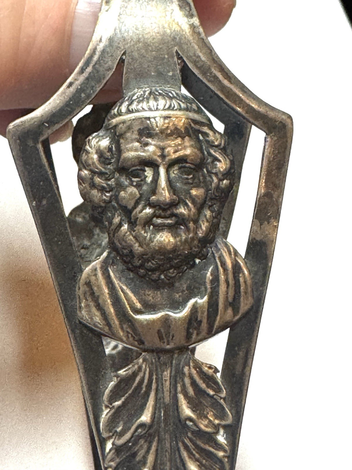APOSTLE Bust REPOUSEE SUGAR TONGS Sterling SILVER Antique FIGURAL Saint Peter
