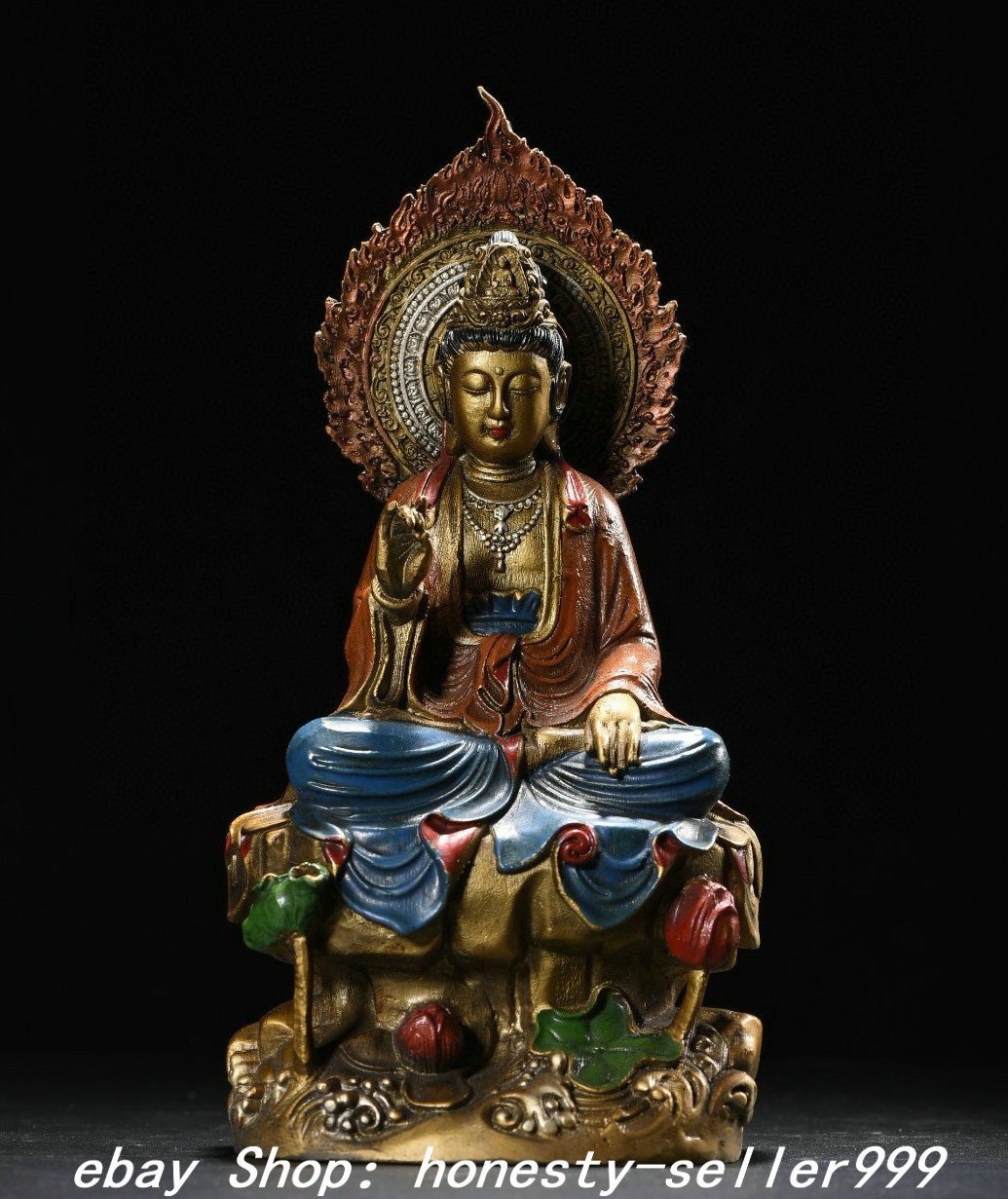 9” Qing Dynasty Pure Bronze Gilt Painting Kwan-yin Guan Yin Boddhisattva Statue