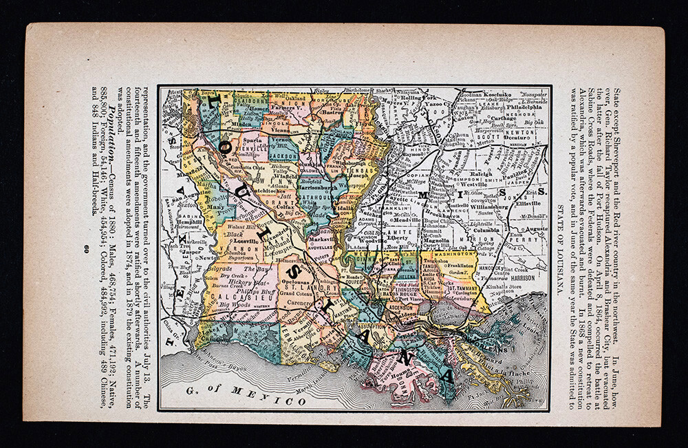 1885 McNally Map Louisiana New Orleans Baton Rouge Monroe Alexandria Franklin LA