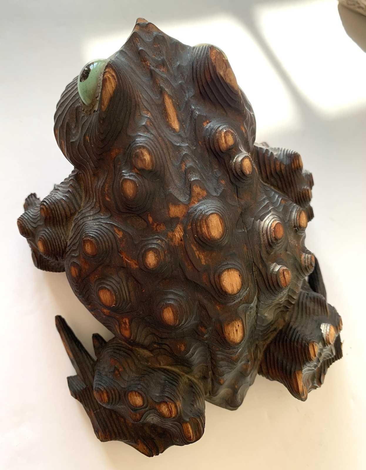 Antique Signed Japanese Cedar Hand Carved Toad Okimono Green Gold Eyes Good Luck