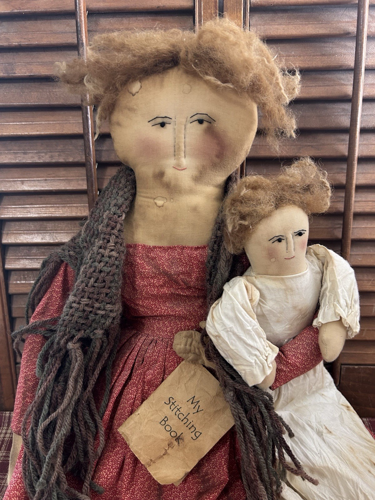 Handmade Primitive Folk Art Hannah Doll ~ Mother Holding Daughter~ Signed