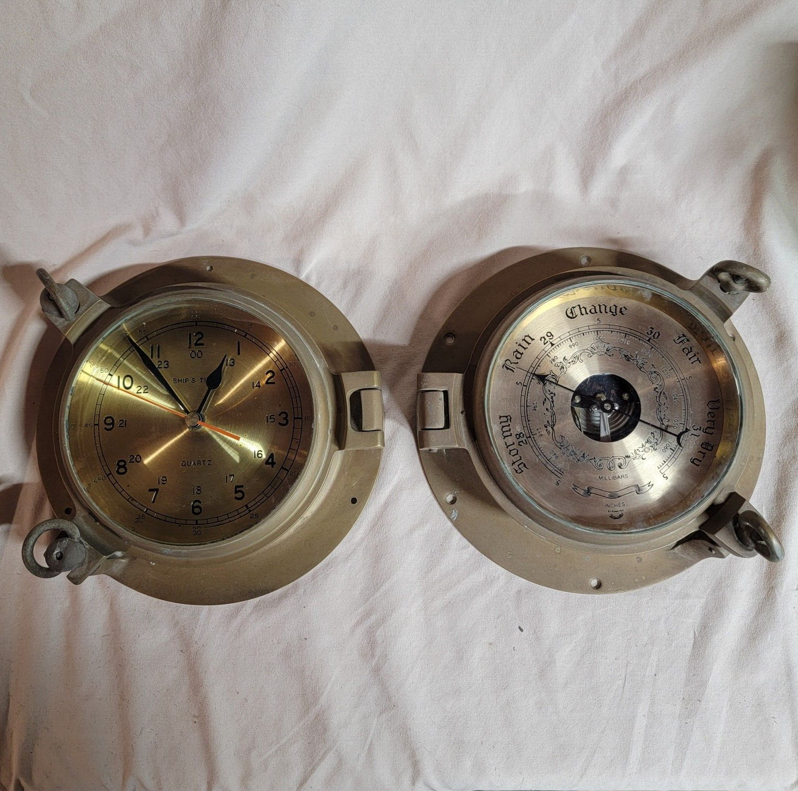 Ships Time Clock (Penco) & Barometer (Brand Unknown) -Tested – Brass – 9in