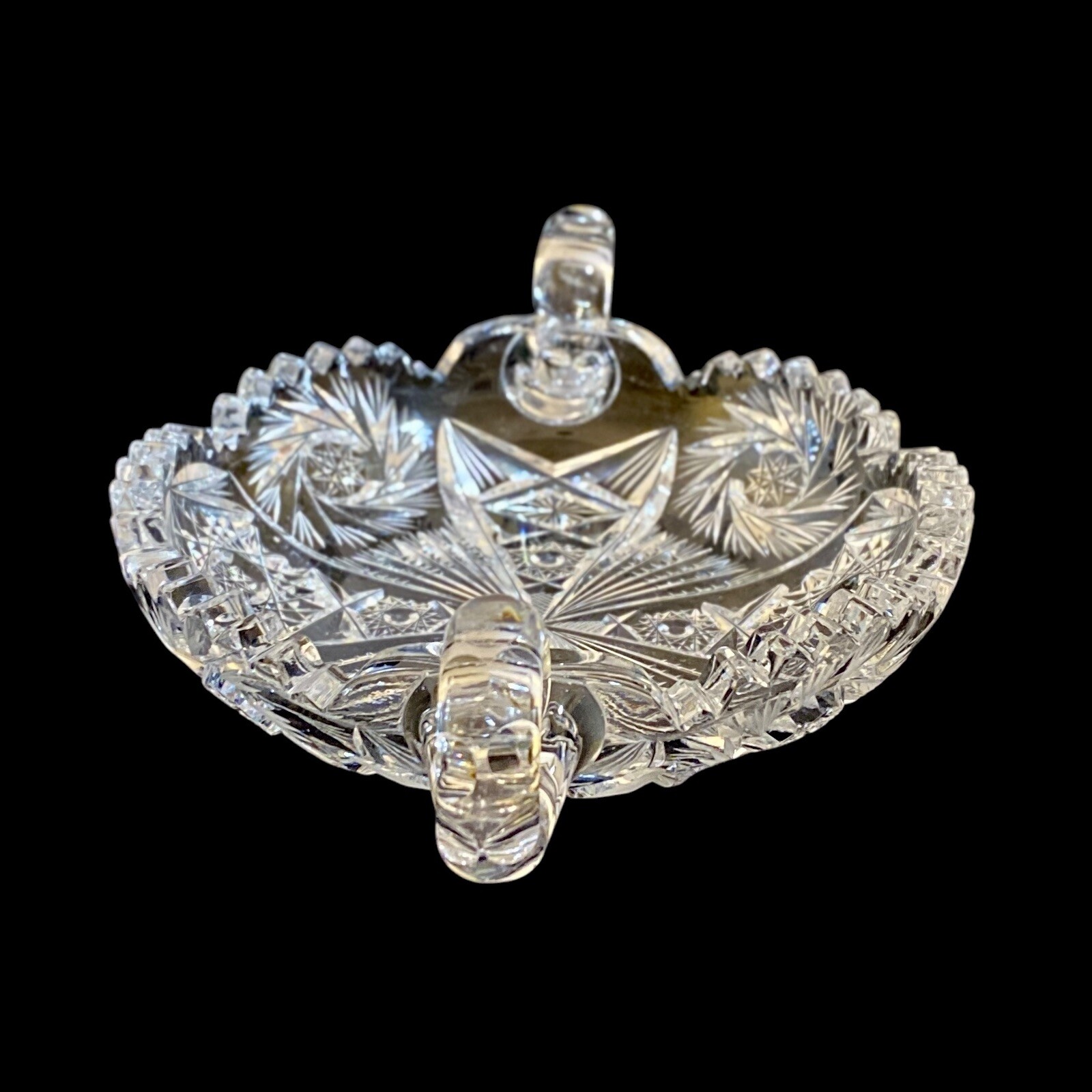 American Brilliant Period Double Handled Trinket Dish Cut Glass Antique READ