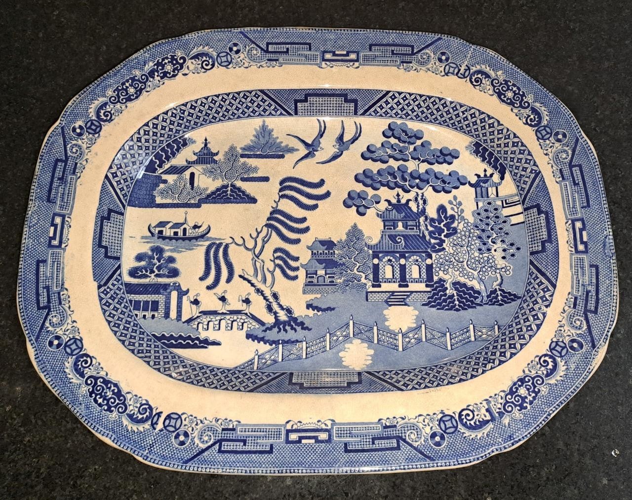 Lovely Antique Willow Pattern Transferware Meat Platter 43.5 cm Wide