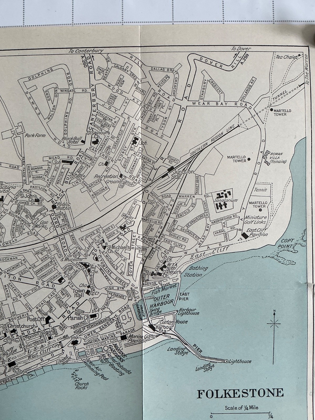 FOLKESTONE- KENT c1938 Antique Street Map Plan Original England Pleasure Gardens