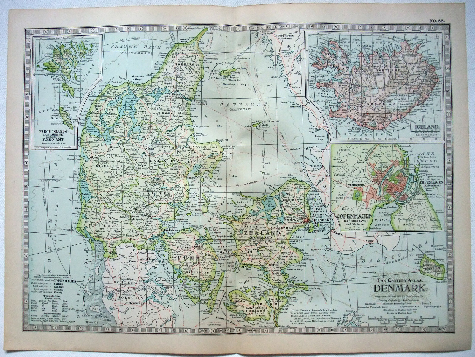 Denmark – Original 1902 Map by The Century Company. Antique