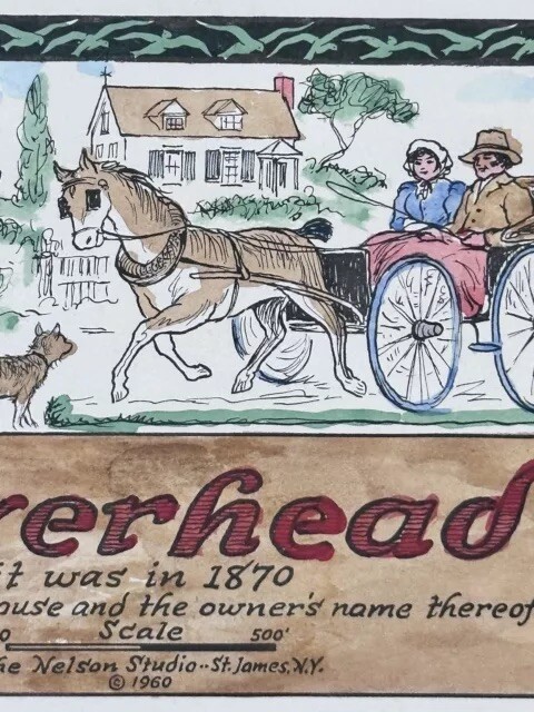 Riverhead Map 1960 Hand Painted Catherine & Theodore Nelson N.Y. As It Was 1870