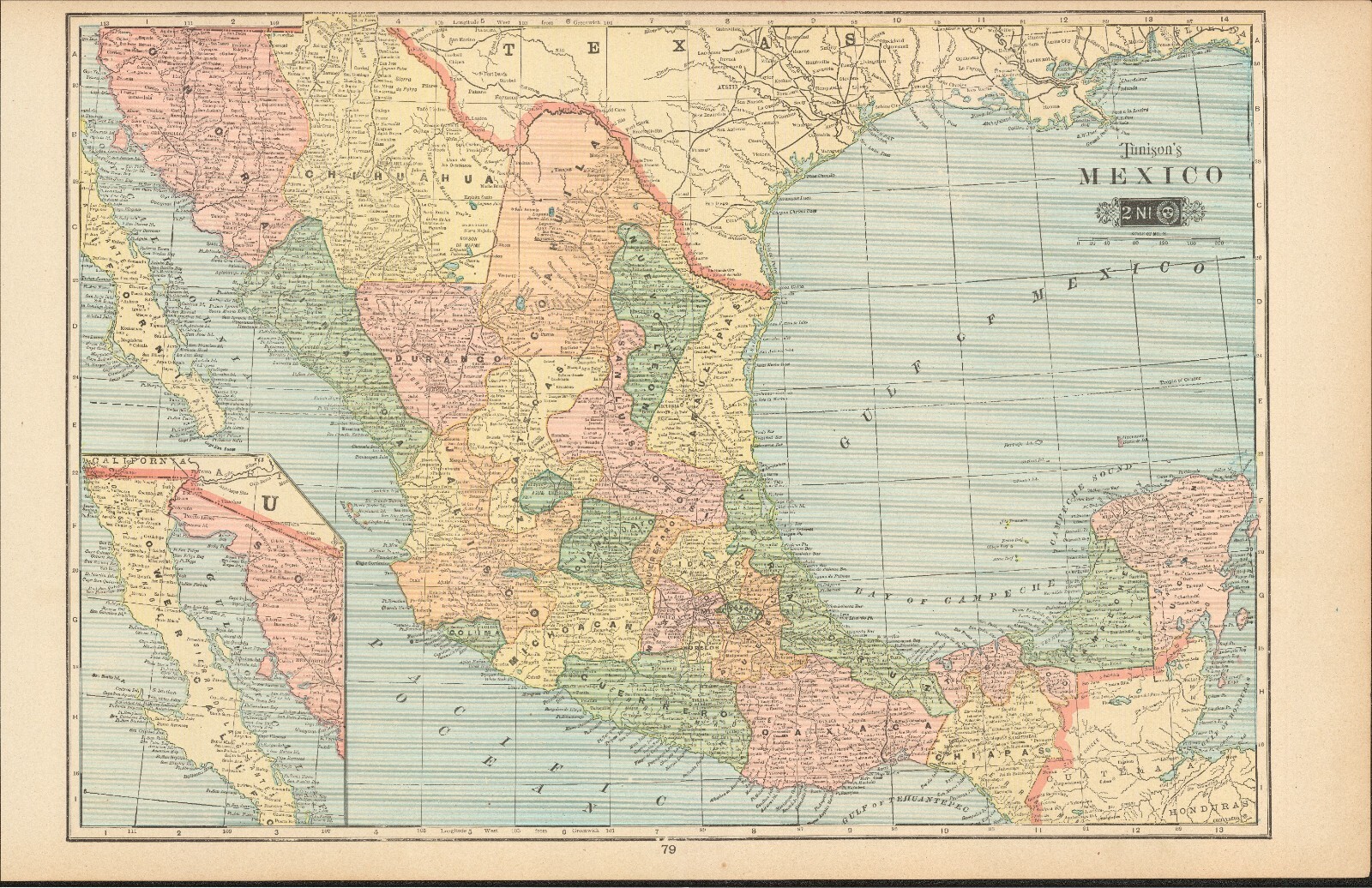 1901 Tunison Mexico & Central America antique map ~ 22.9″ x 14.6″ nice color
