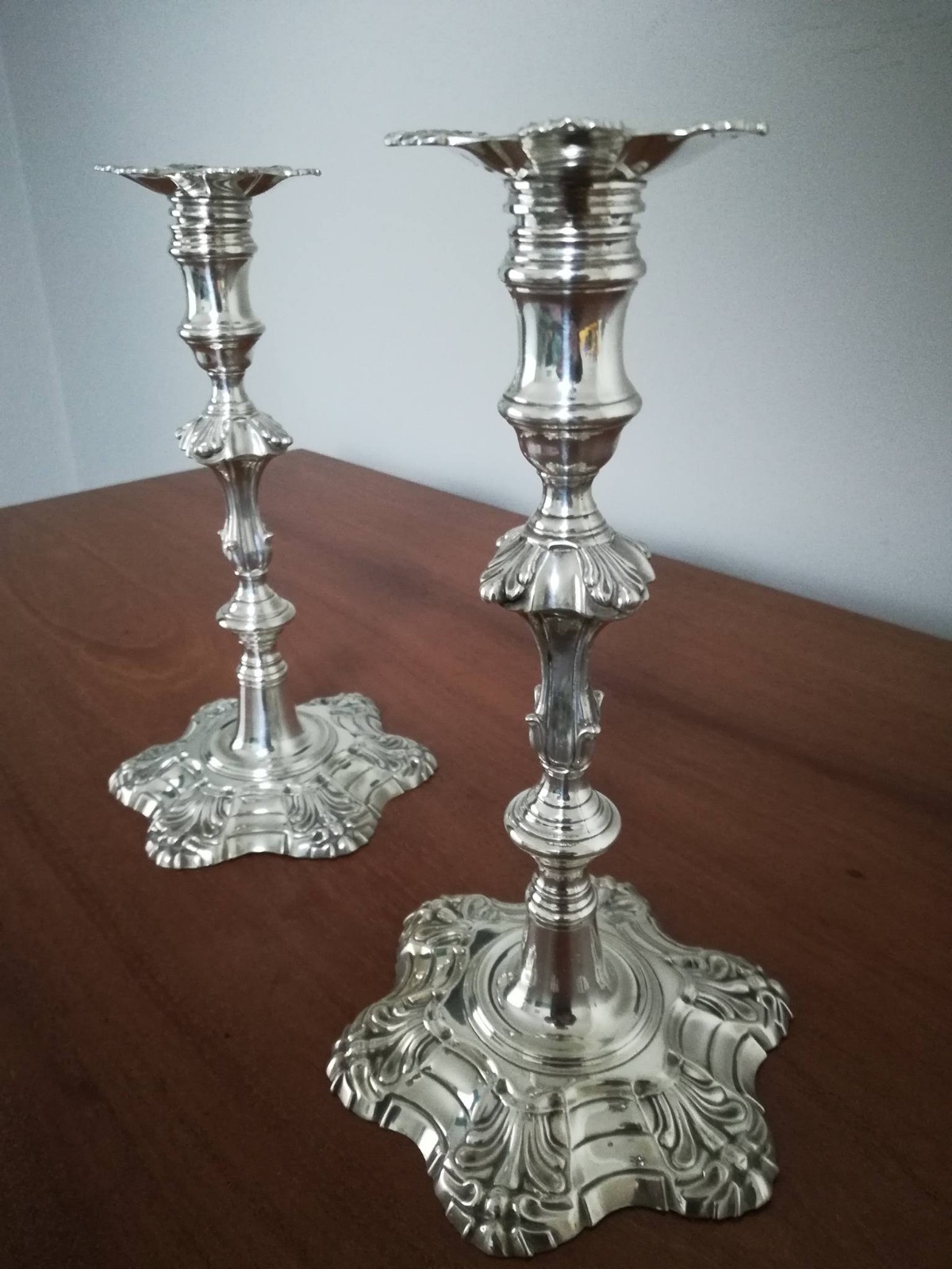 1754 London Georgian Hallmarked Cast SolidSilver Candle Sticks (see description)