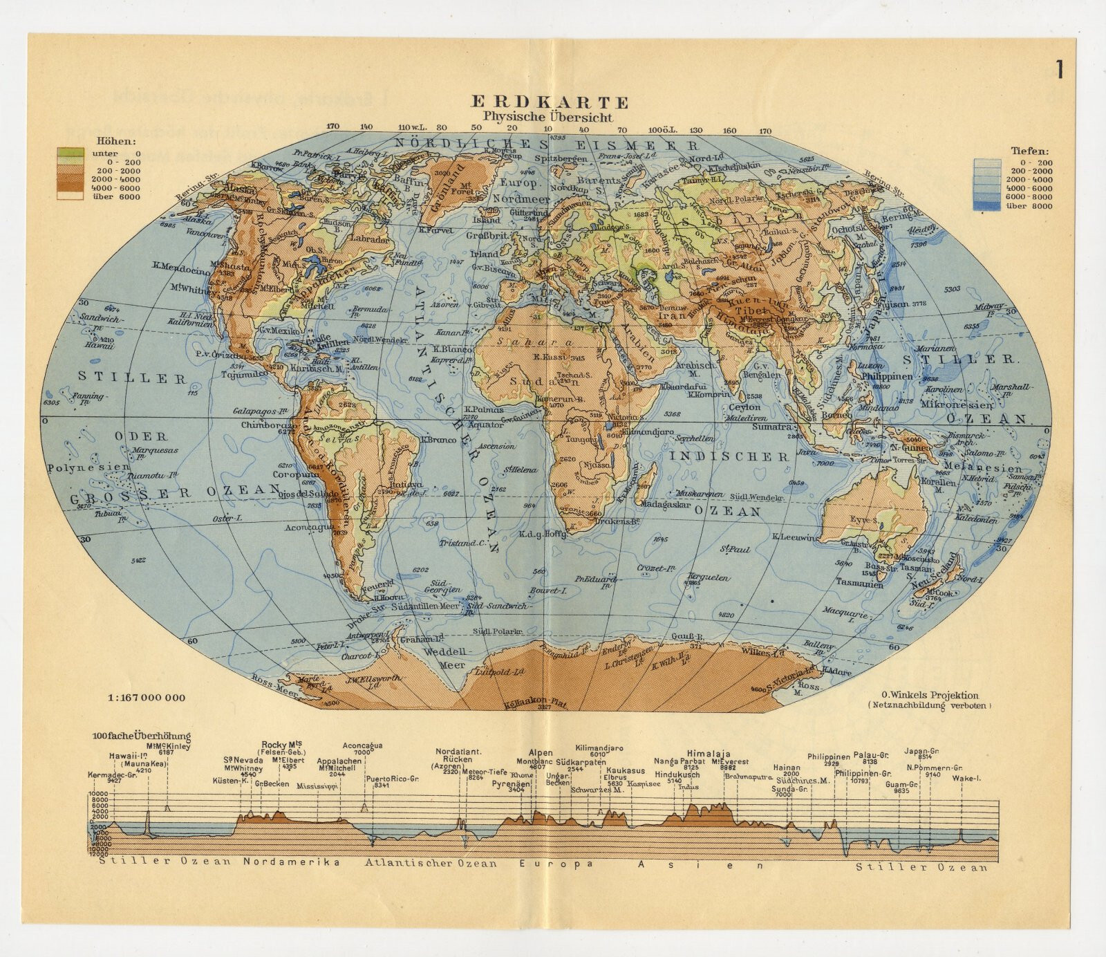1939 VINTAGE PHYSICAL MAP OF THE WORLD EUROPE ASIA / SKY STARS HEAVENS ASTRONOMY