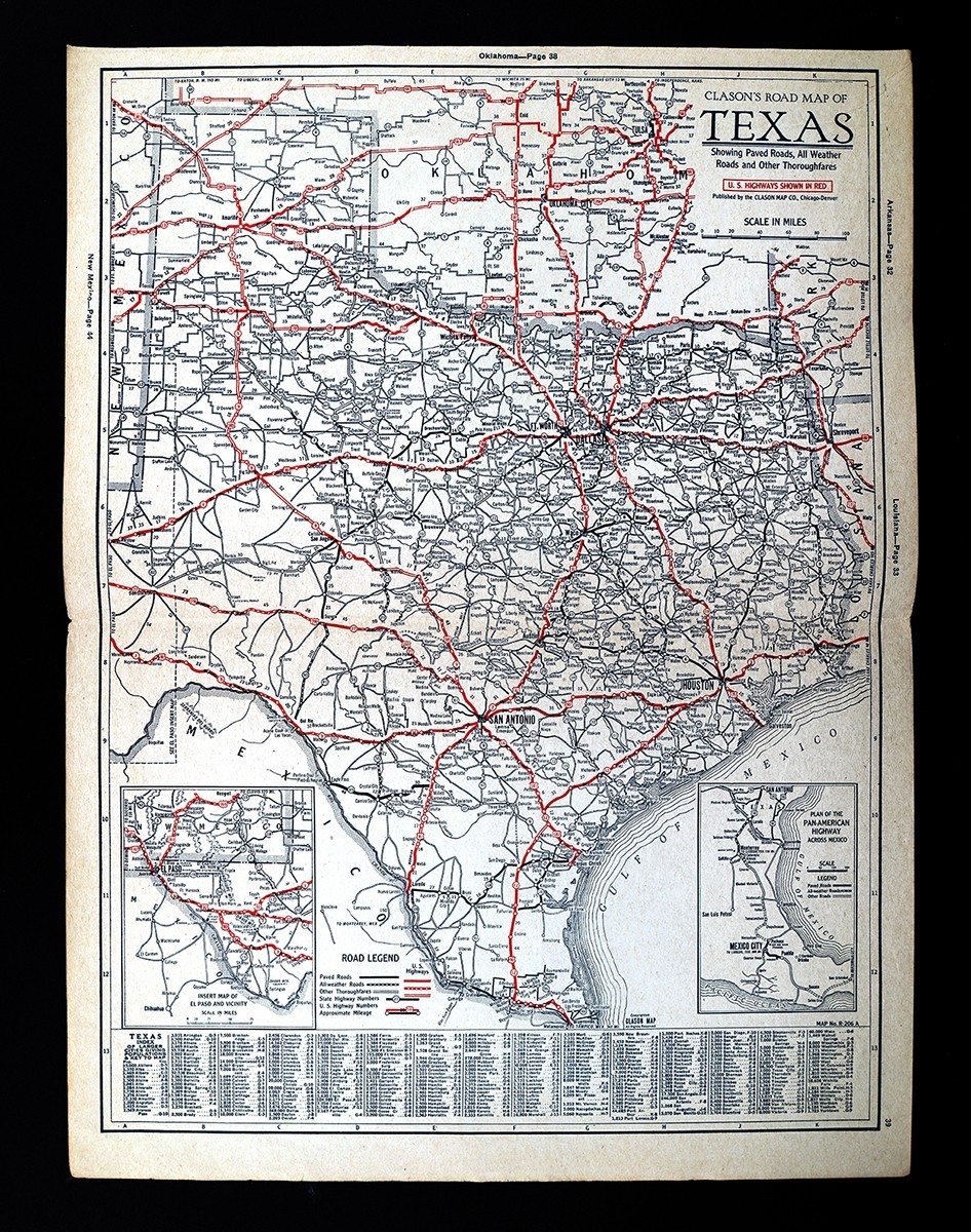 1930 Clason Auto Road Map Texas Austin San Antonio Houston Amarillo Route 66 OK