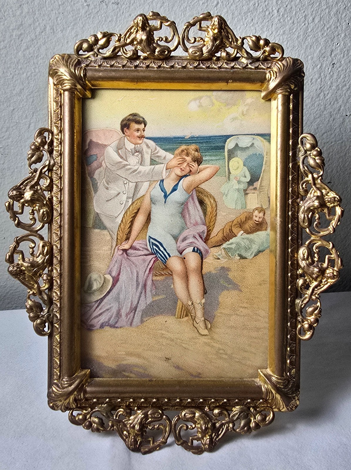 Miniature Antique Vtg 1920s Bathing Beauty Lithograph Print Brass Mermaid Frame