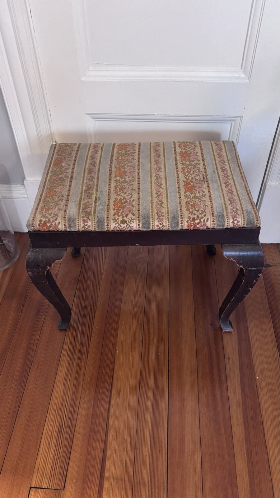 Antique Wooden Rectangular Footstool Striped Upholstered Top Carved Details