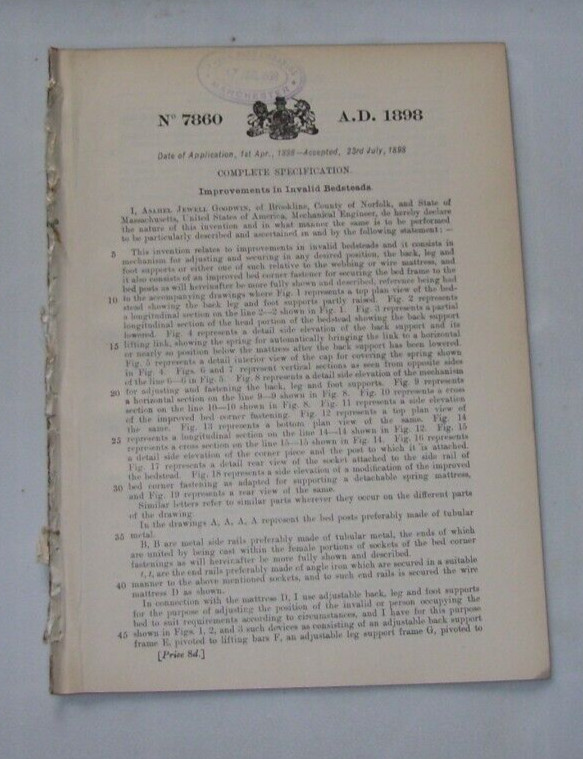 IMPROVEMENT IN INVALID BEDSTEADS PATENT GOODWIN BROOKLINE MASSACHUSETTS USA 1898