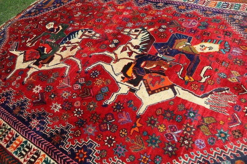 COLLECTORS’ ITEM Antique Horse Ride Pictorial Tribal Natural Vegetable Carpet