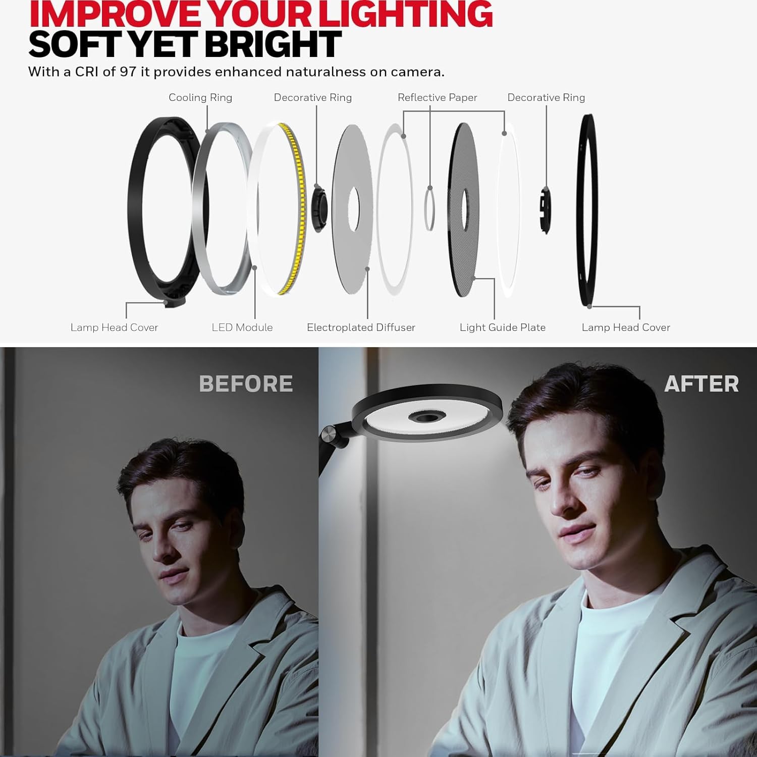 Eye Caring Tall Desk Lamp 800LM Dimmable with Timer Webcam