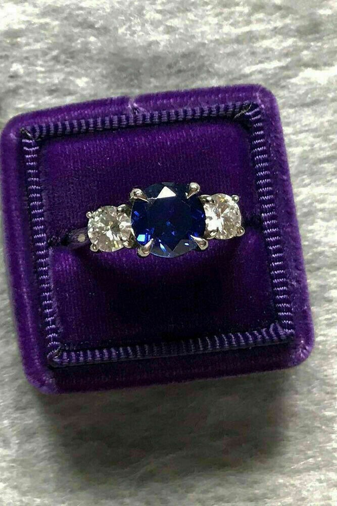 2.50 Ct Round Natural Sapphire Diamond Engagement Ring 14K White Gold Size 5