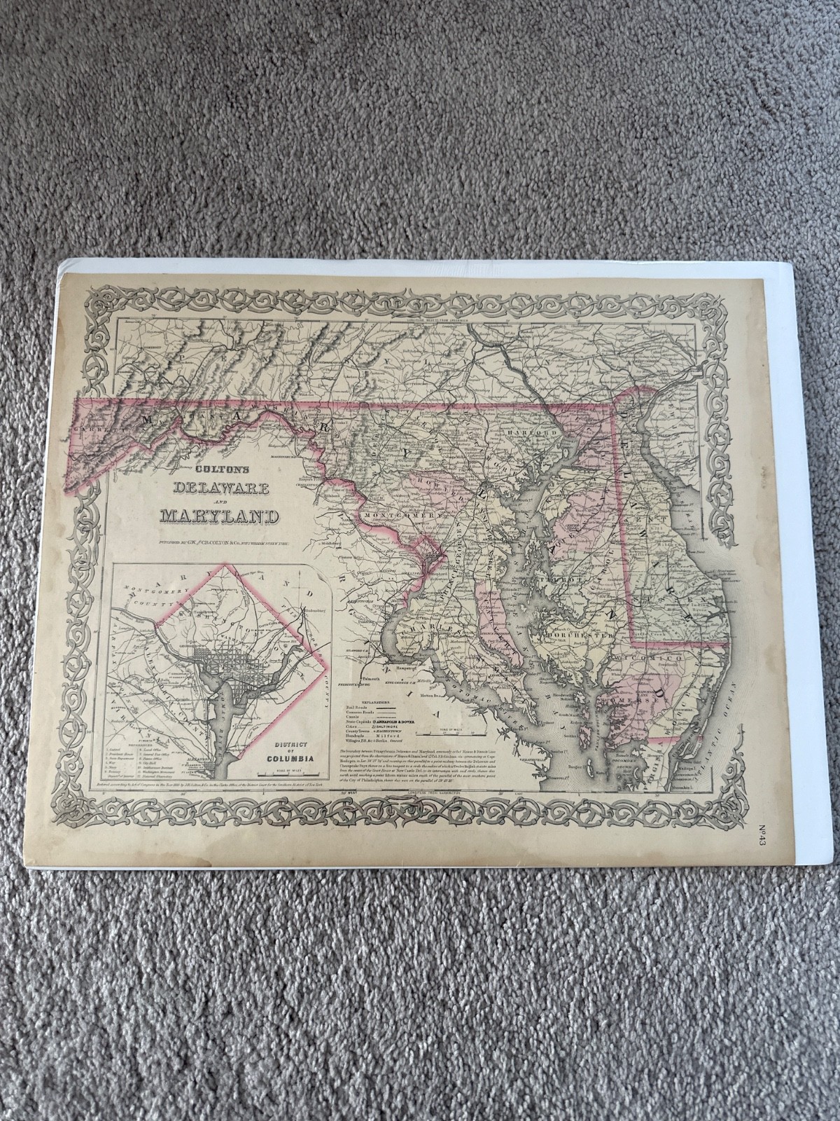 Original 1855 Colton Map MARYLAND DELAWARE Mason-Dixon Line Washington DC Canal