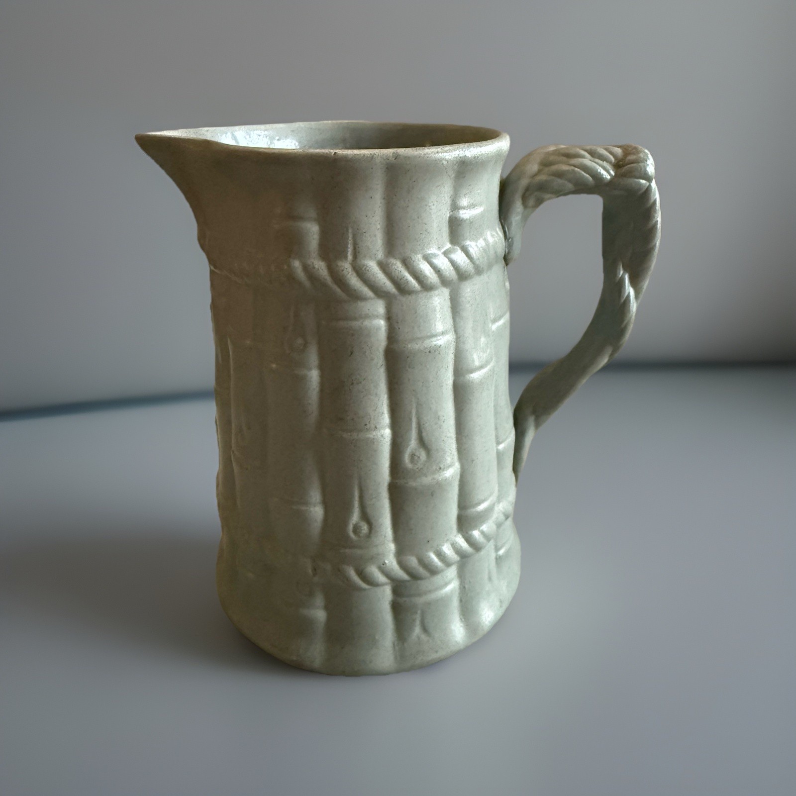 Antique Ridgway Stoneware Salt Glaze Bamboo Molded Syrup Jug, 4.5” C1835