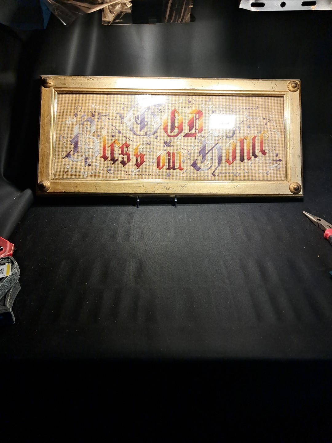 Antqique Victorian Pierced Paper Motto Needlwork God Bless Our Home