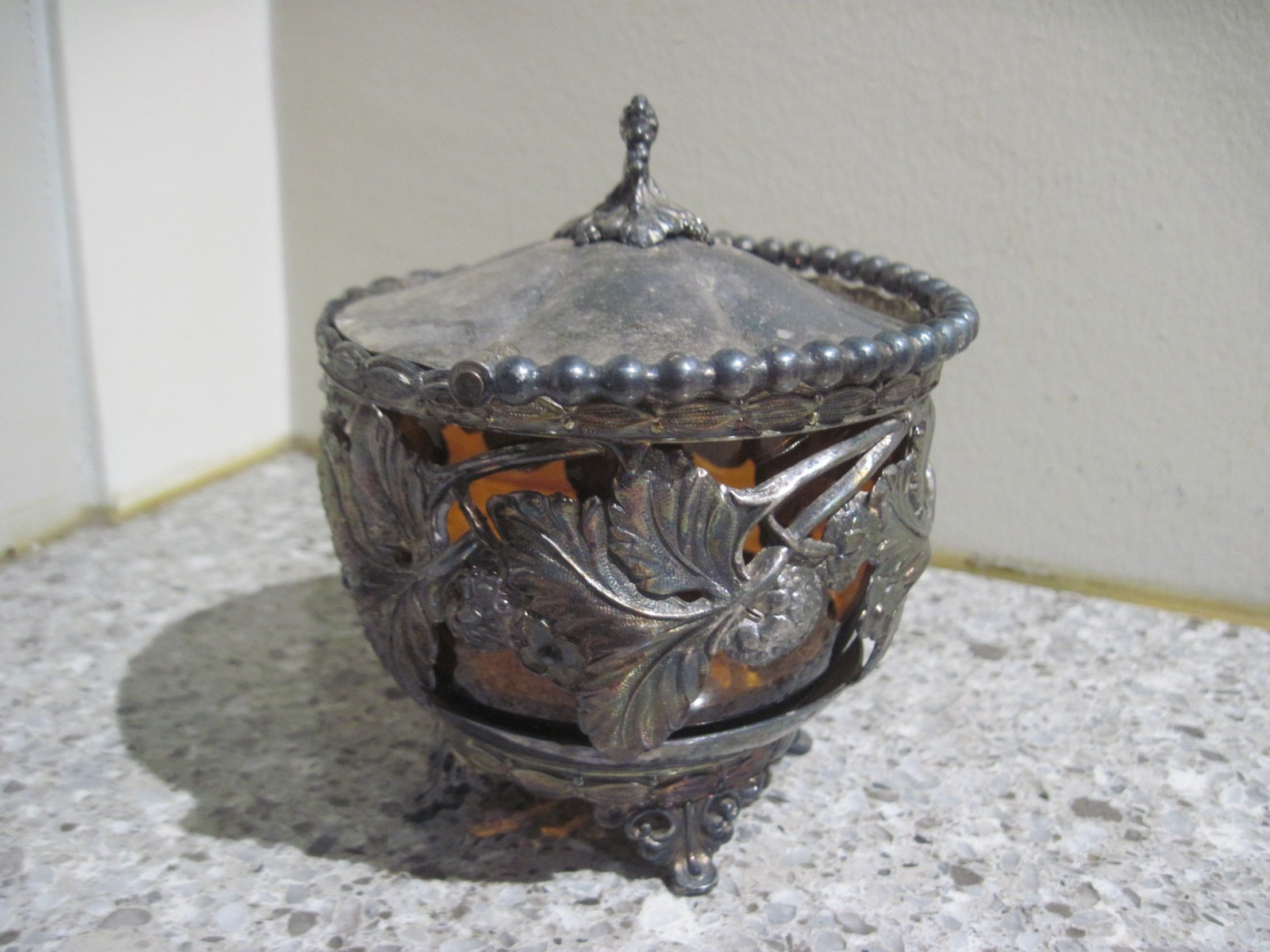 Antique Art Deco Ornate Silverplate Covered Berry Jar with Amber Glass Insert