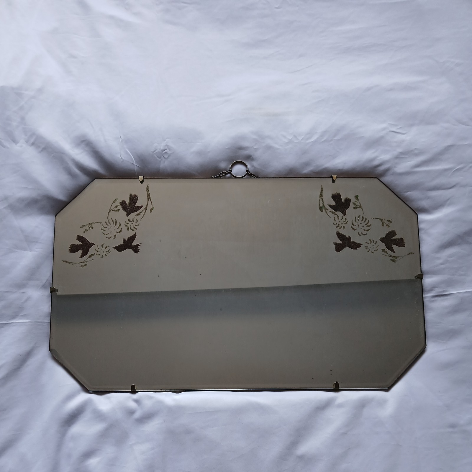 Vintage Frameless Wall Mirror Original Chain Etched Flowers & Birds