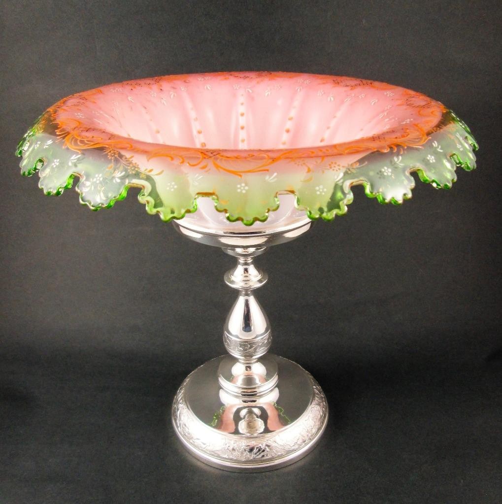 Antique Pedestal BRIDES BOWL basket – PINK w/ URANIUM glass Edge – MIDDLETOWN