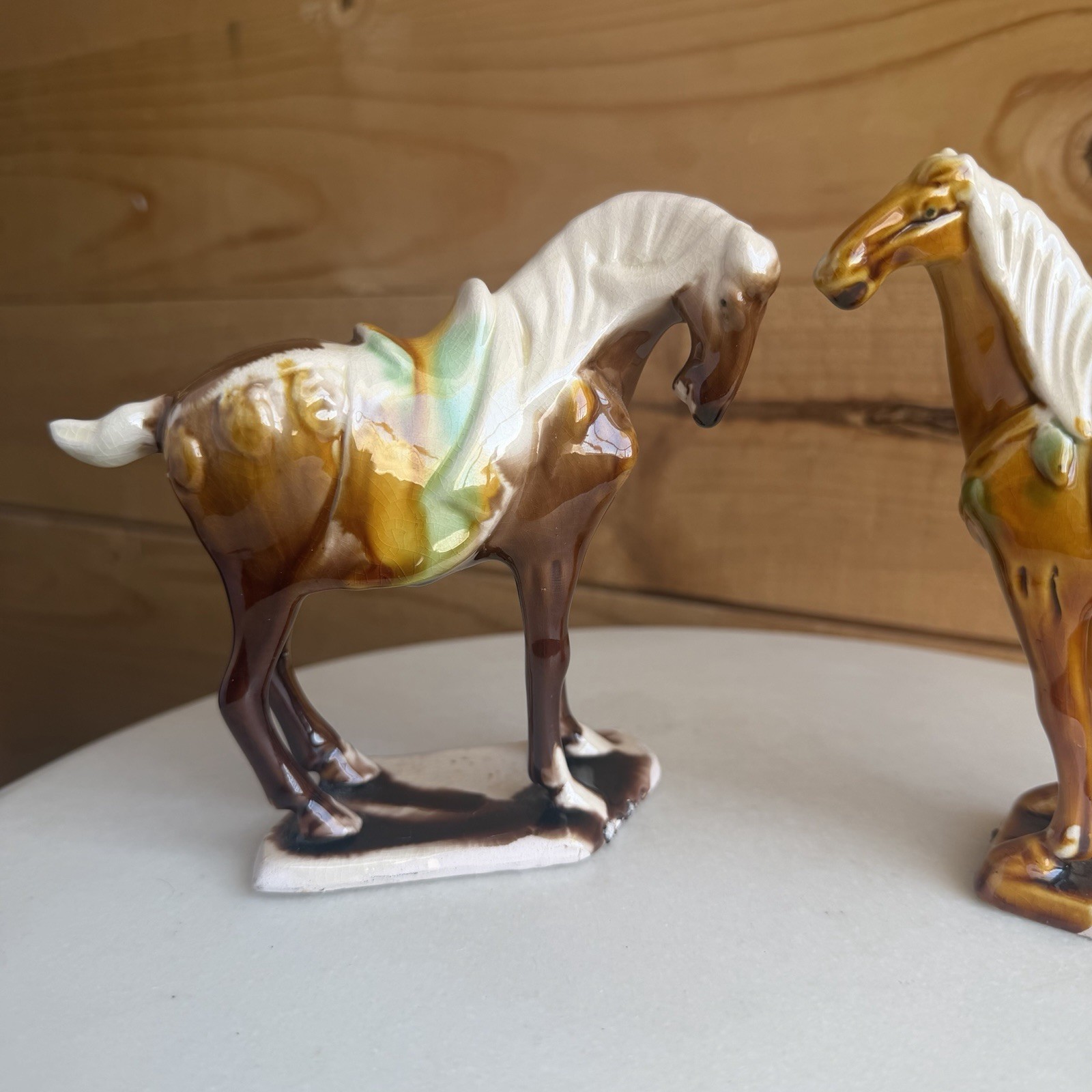 Chinese Tang Tri-Color Drip Glazed Ceramics War Horse Porcelain Statue Set Of 2