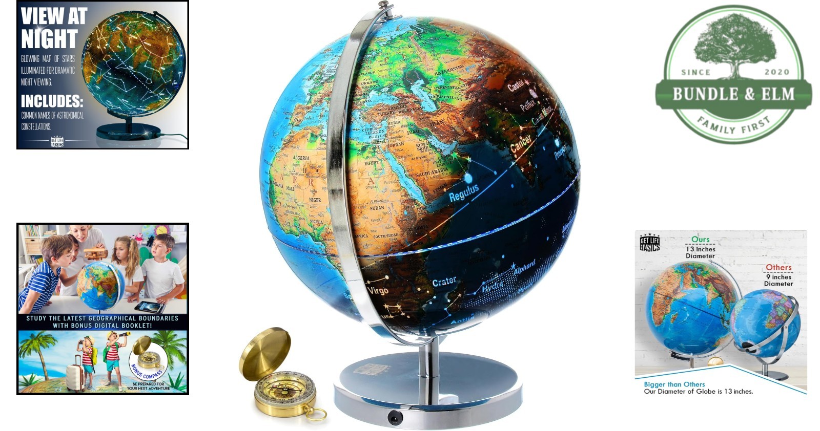 Illuminated World Globe with Constellations 13” Kids Adults Educational Decor