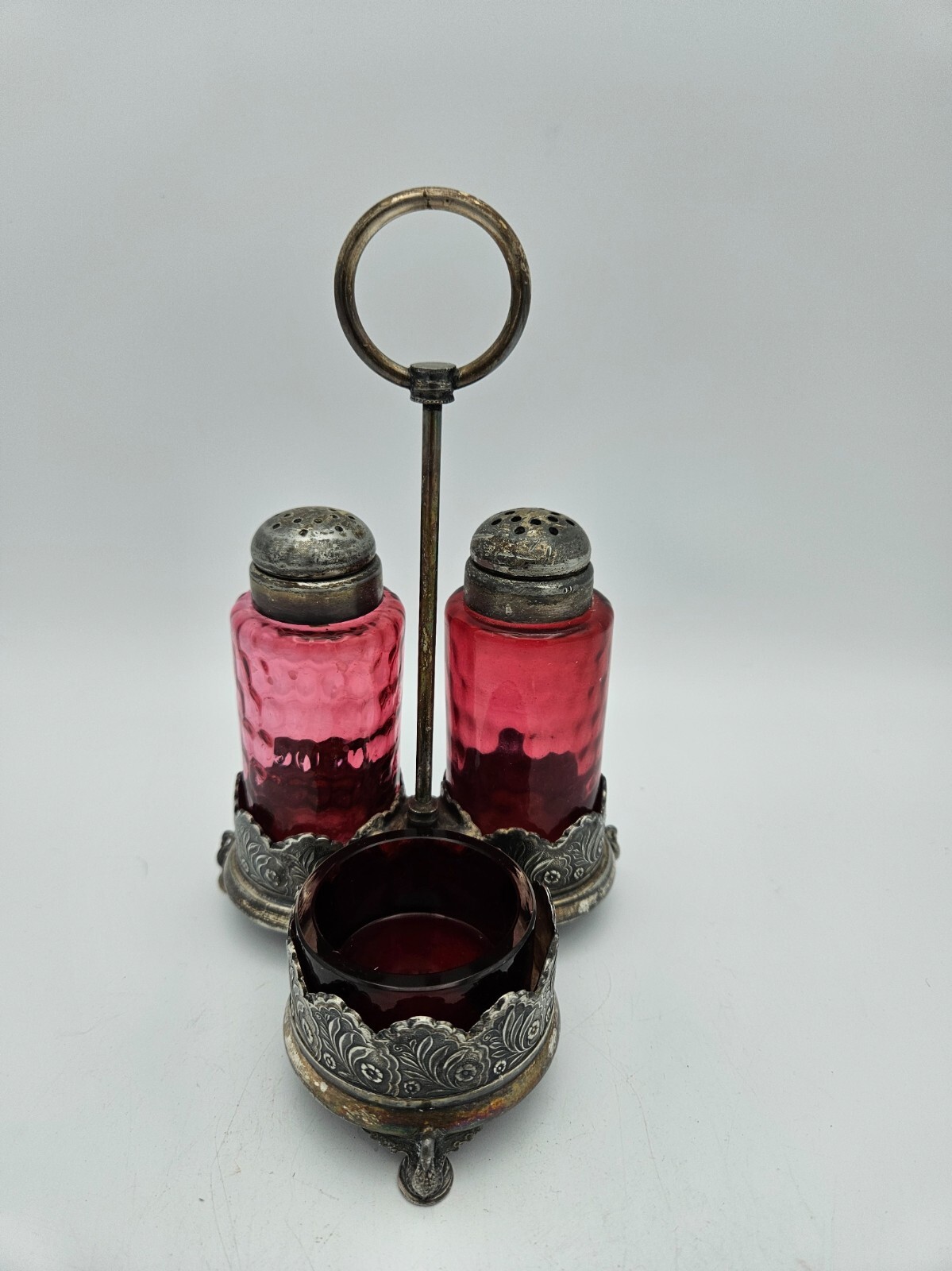 Victorian Rogers & Bro. Silver Plate Cranberry Glass Shakers & Salt Cellar 1800s