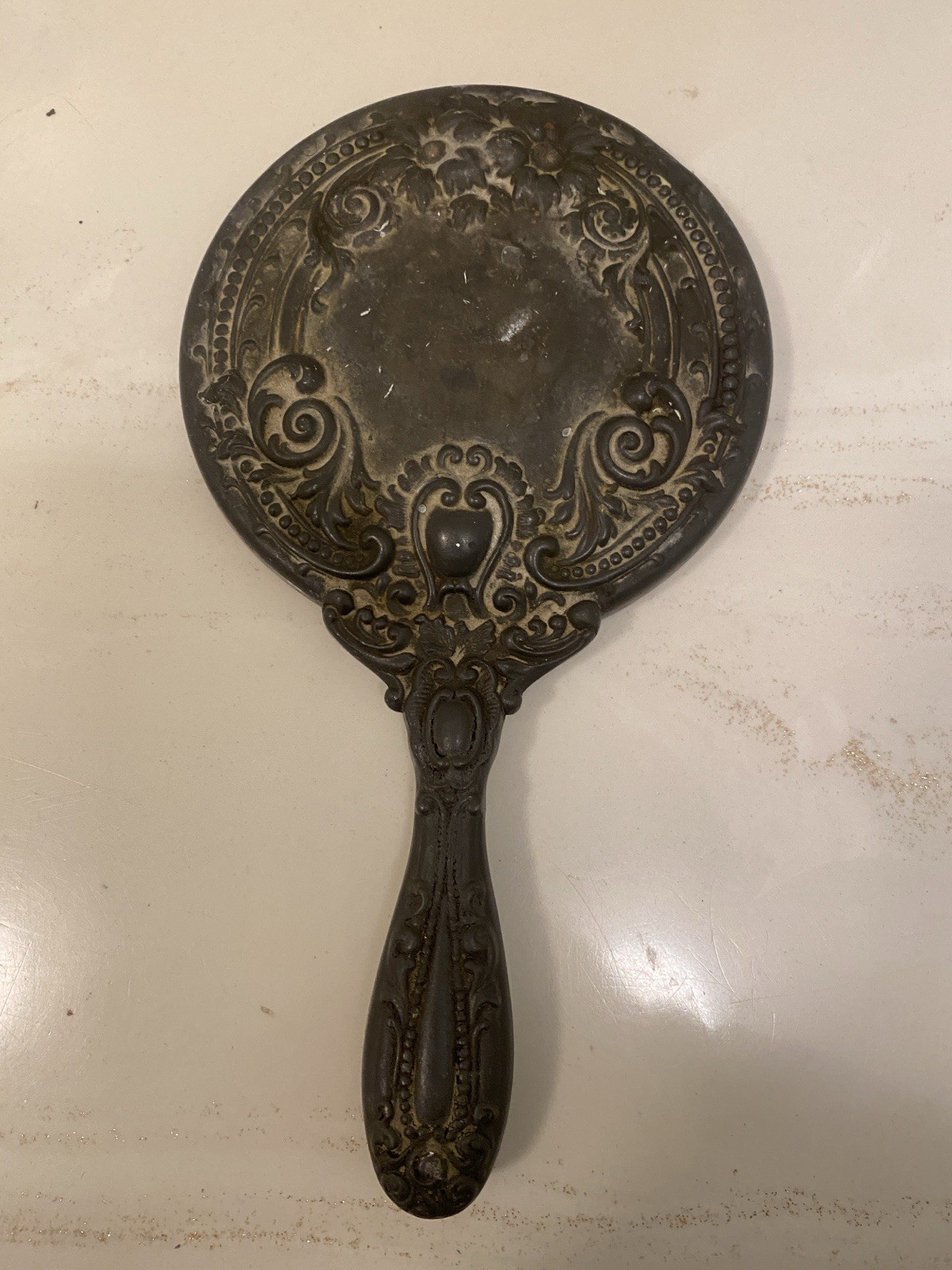Vintage Antique Ornate Metal Hand Mirror Floral Scroll Early 1900s Vanity Decor
