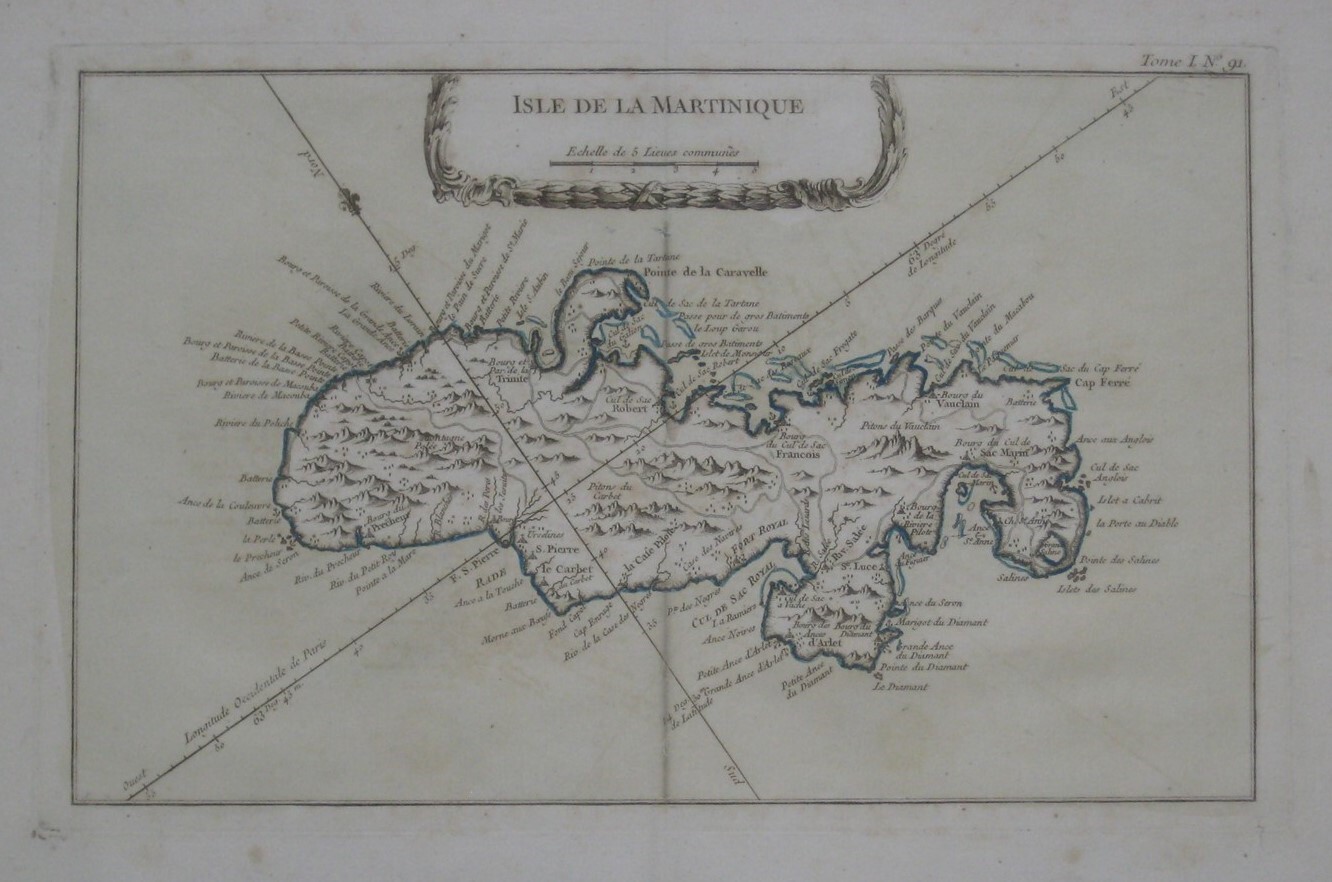 Original 1764 Bellin Map ISLE DE LA MARTINIQUE French West Indies Outline Color