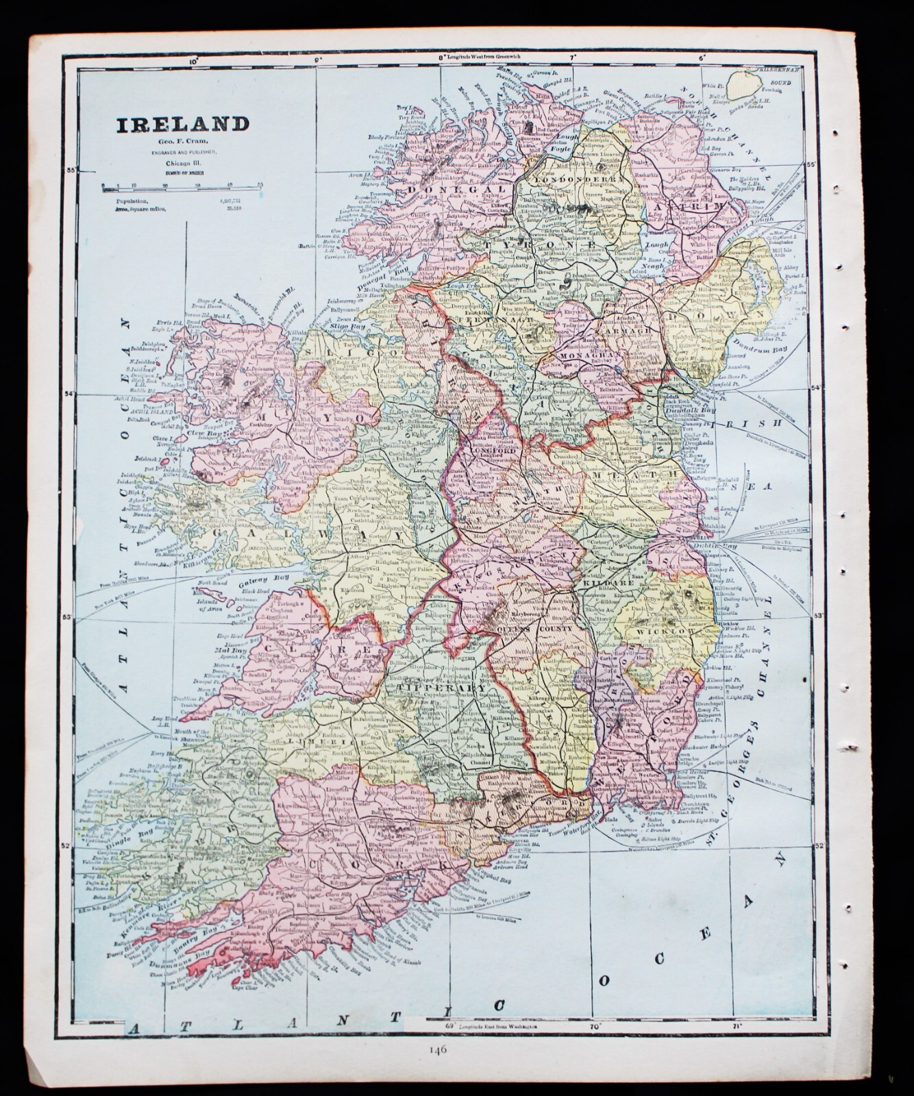 CRAM’S ATLAS MAP PAGE PLATE OF IRELAND AND SCOTLAND 1891 VINTAGE