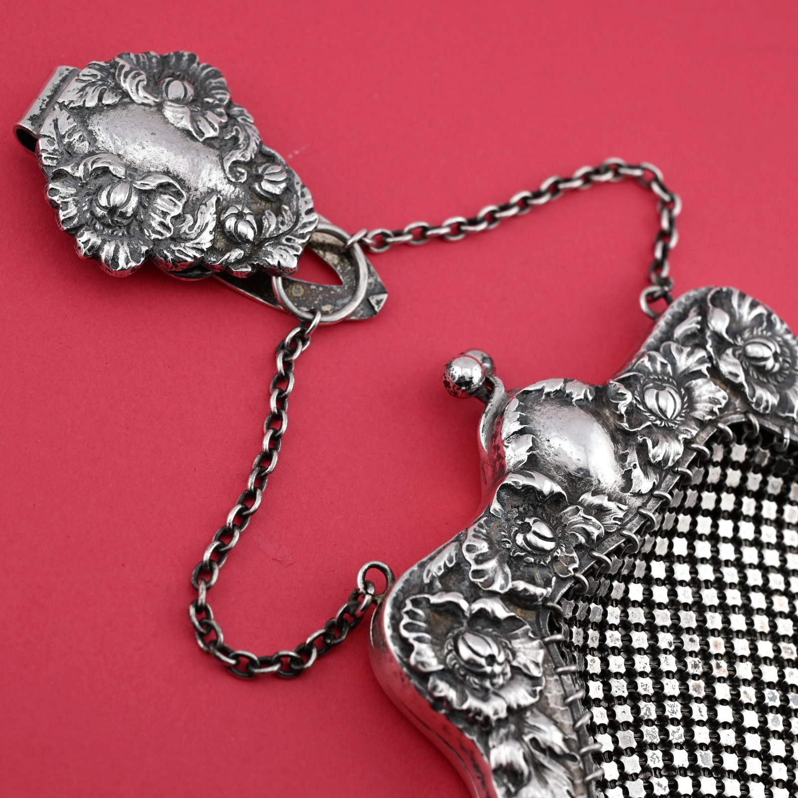 INCREDIBLE Sterling Silver Chatelaine Purse Art Nouveau Floral ~7.20 ozt