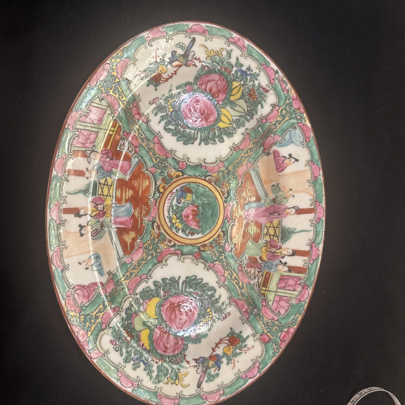Antique Chinese Porcelain Hand Painted Rose Medallion Platter With Gold Accents
