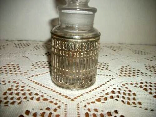 ANTIQUE VANITY APOTHECARY JAR FILIGREE SILVERPLATE ART DECO 1920s STOPPER MARKED